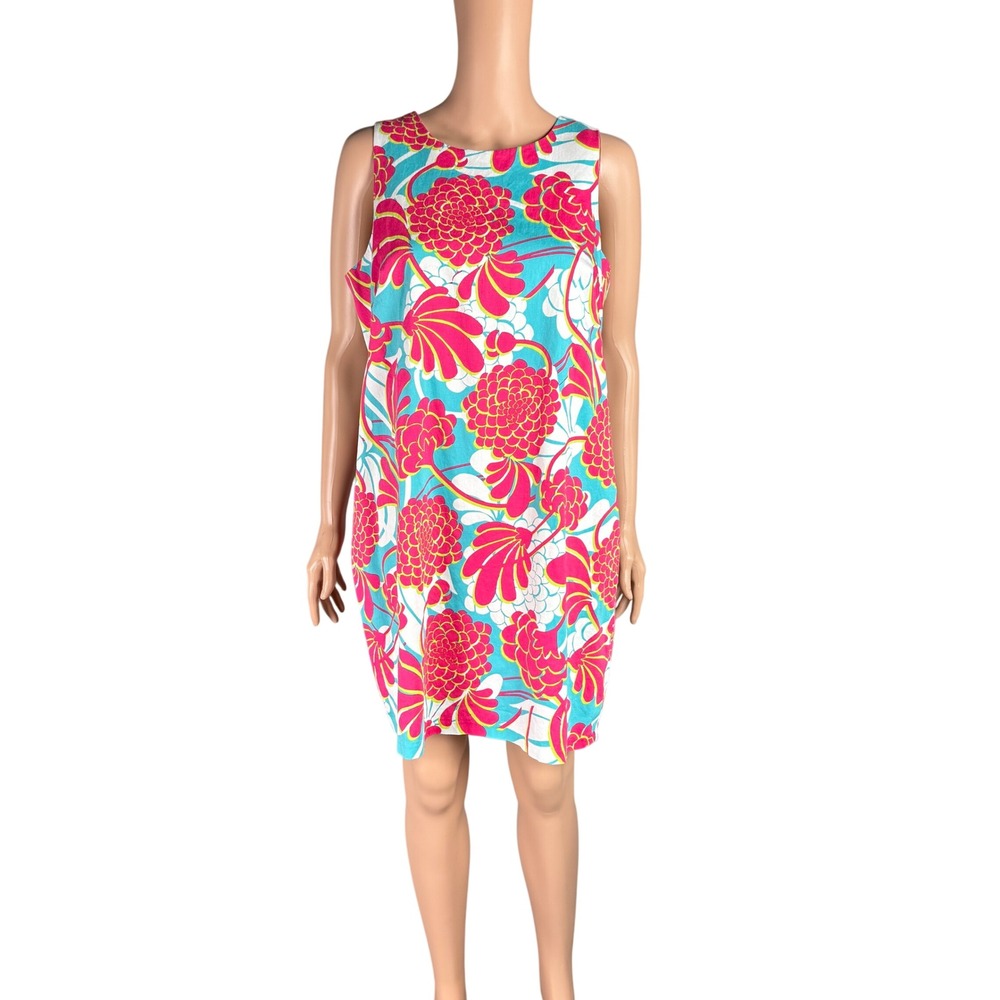 London‎ Times Floral Shift Dress Pink Blue Bright Sleeveless Cotton Blend Sz 14